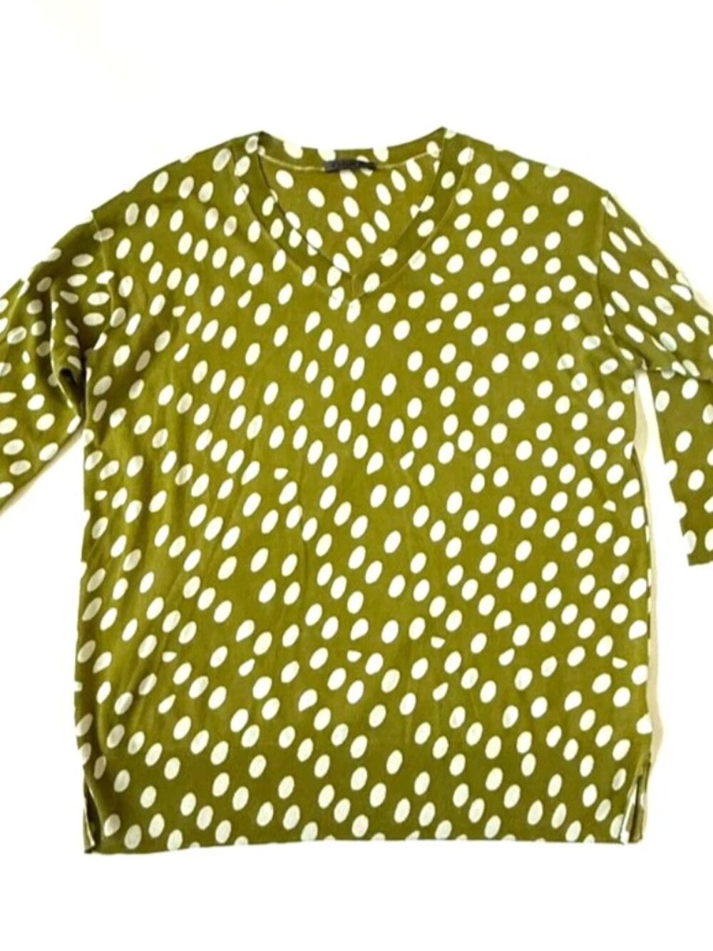 OSKA Women 0 S Pullover Sweater Polka Dot Chartreuse Green White Lagenlook Vneck